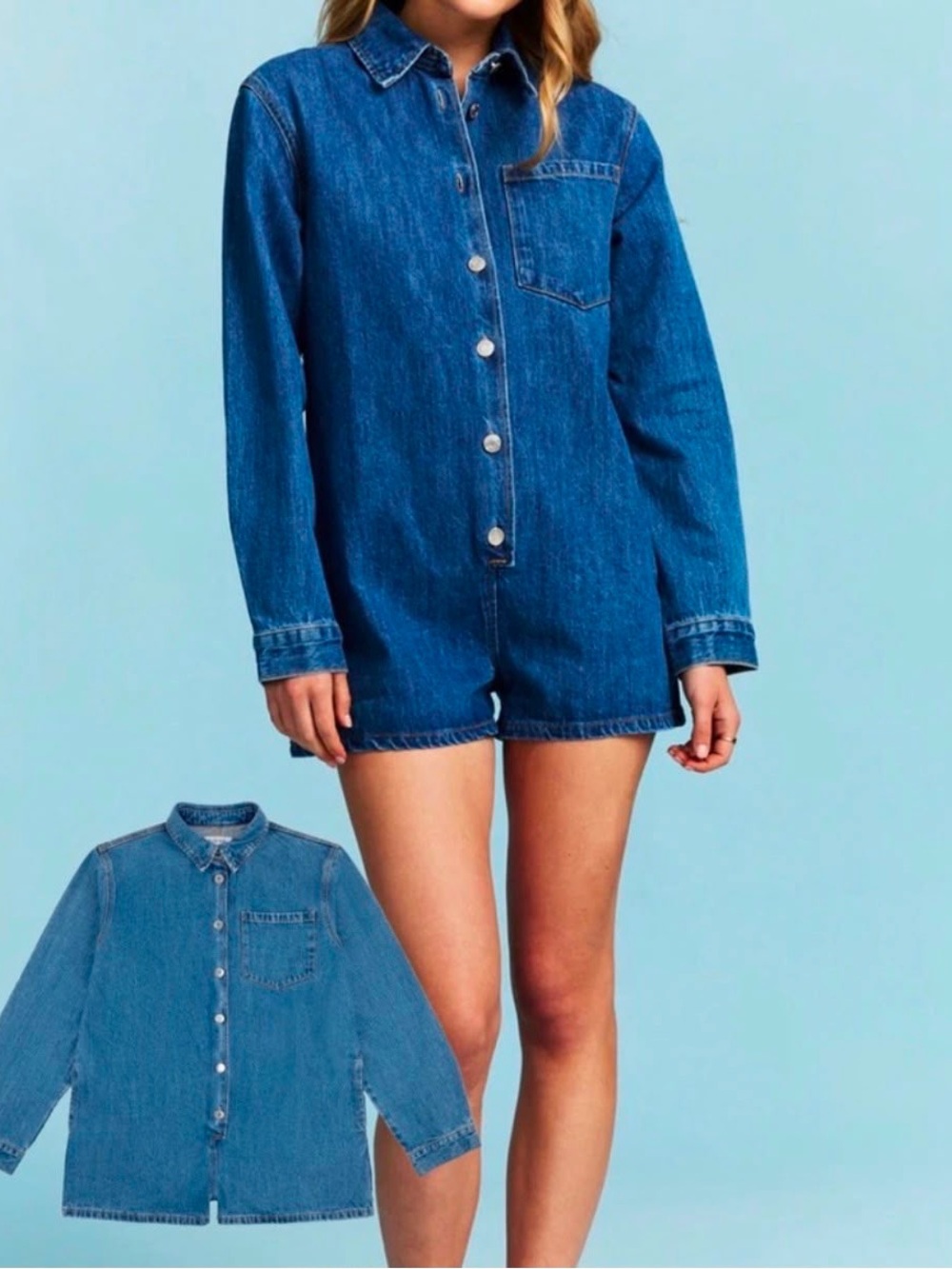 Parke Long Sleeve Denim Romper in Medium Wash size XS